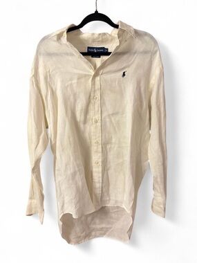 Ralph Lauren Men's Cream Linen Button-Down Linen Shirt with Navy Pony